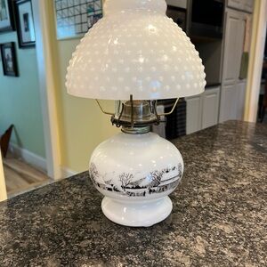 Vintage 1950s-60s Currier & Ives, Hobnail Milk Glass Oil Lamp, White